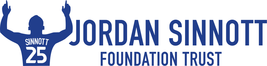 Logo of the Jordan Sinnott Foundation Trust featuring a silhouette of a person with raised arms, "SINNOTT 25" on the back, and the organisation's name in blue text.